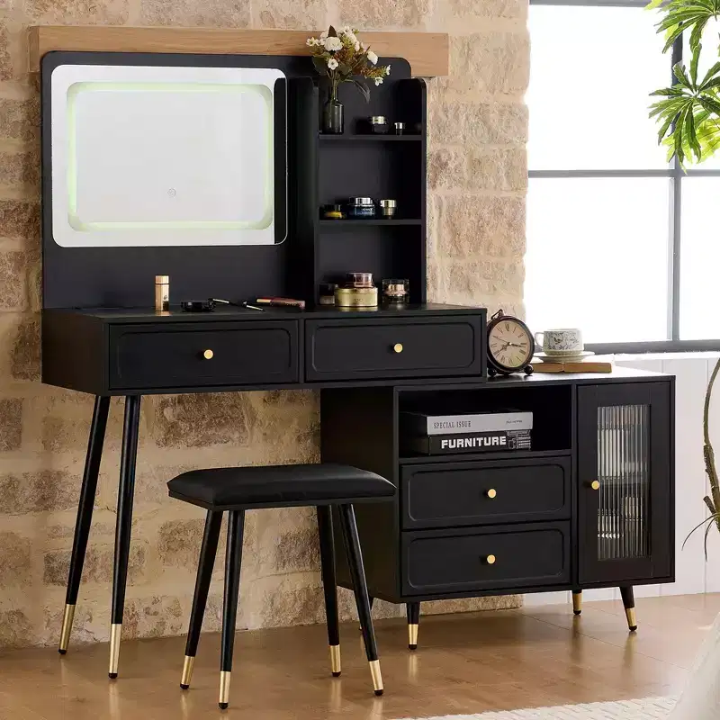 Okak Modern Makeup Vanity with Mirror, Retractable Vanity Table with Power Outlet and Stool, Vanity Set for Bedroom, Dressing Room