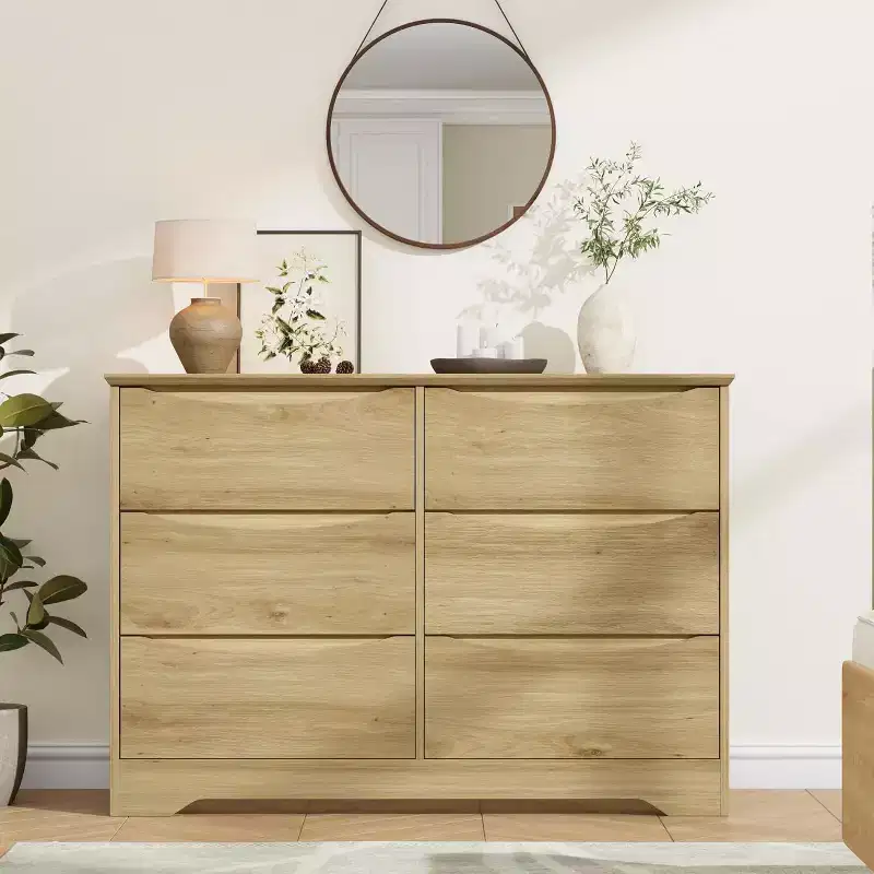 Wooden Dresser with 6 Drawers, Long Storage Dresser, Modern Closet, for Bedroom, Living Room