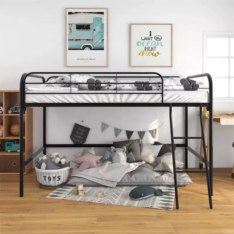Twin Loft Bed Frame, Sturdy Metal Construction with Strong Slats, 4-Sided Guardrails, Side Ladder, Easy Assembly, No Box Spring Required