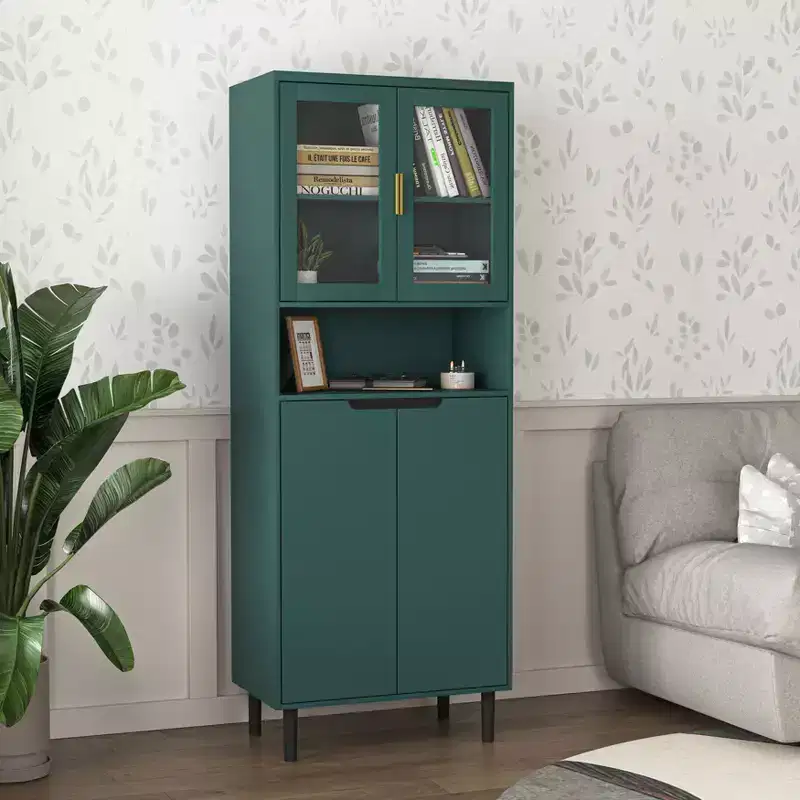 Tall Bookshelf with Adjustable Board, Freestanding Storage Shelves with 4 Tempered Glass Doors, Display Case for Living Room, Office, Green
