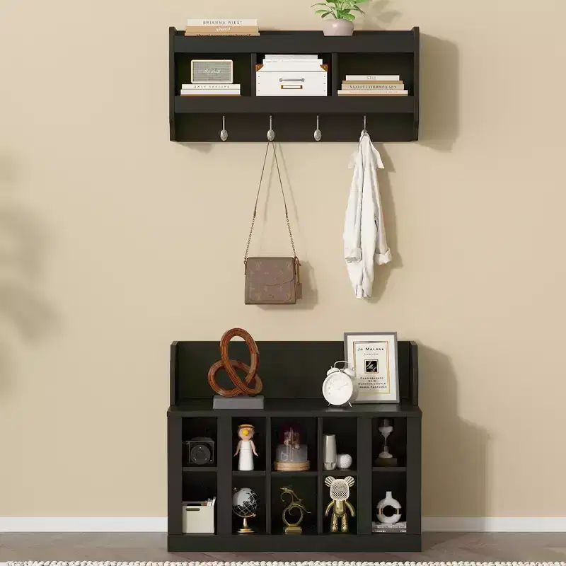 Elegant Hall Tree with Wall Mounted Coat Rack and Adjustable Shelves and 4 Hooks