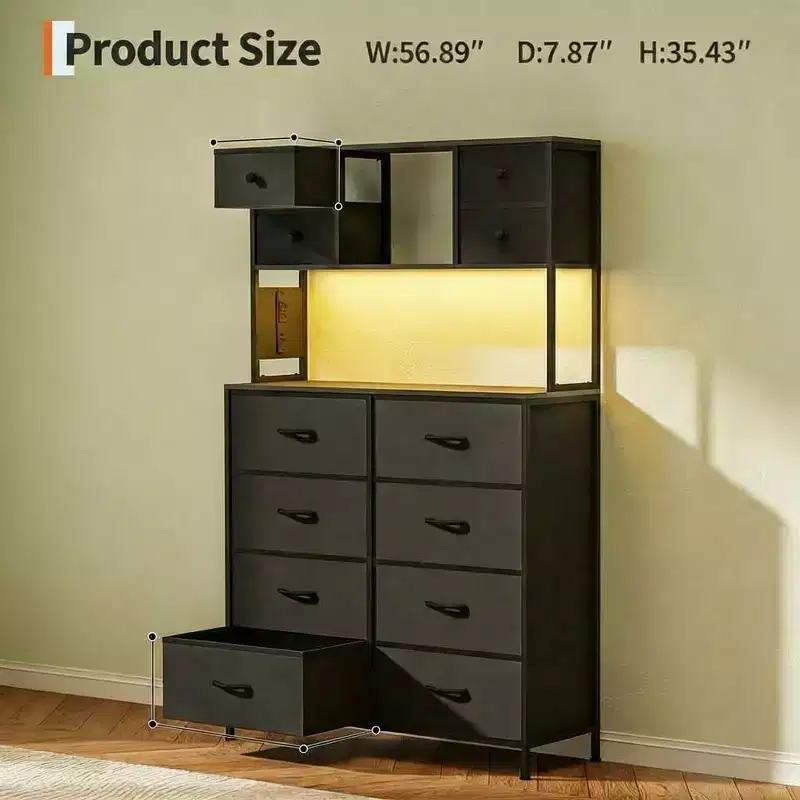 COZONY 12-Drawer Dresser for Bedroom, Fabric Storage Chest with Open Shelves, Wood Top & Metal Frame Organizer