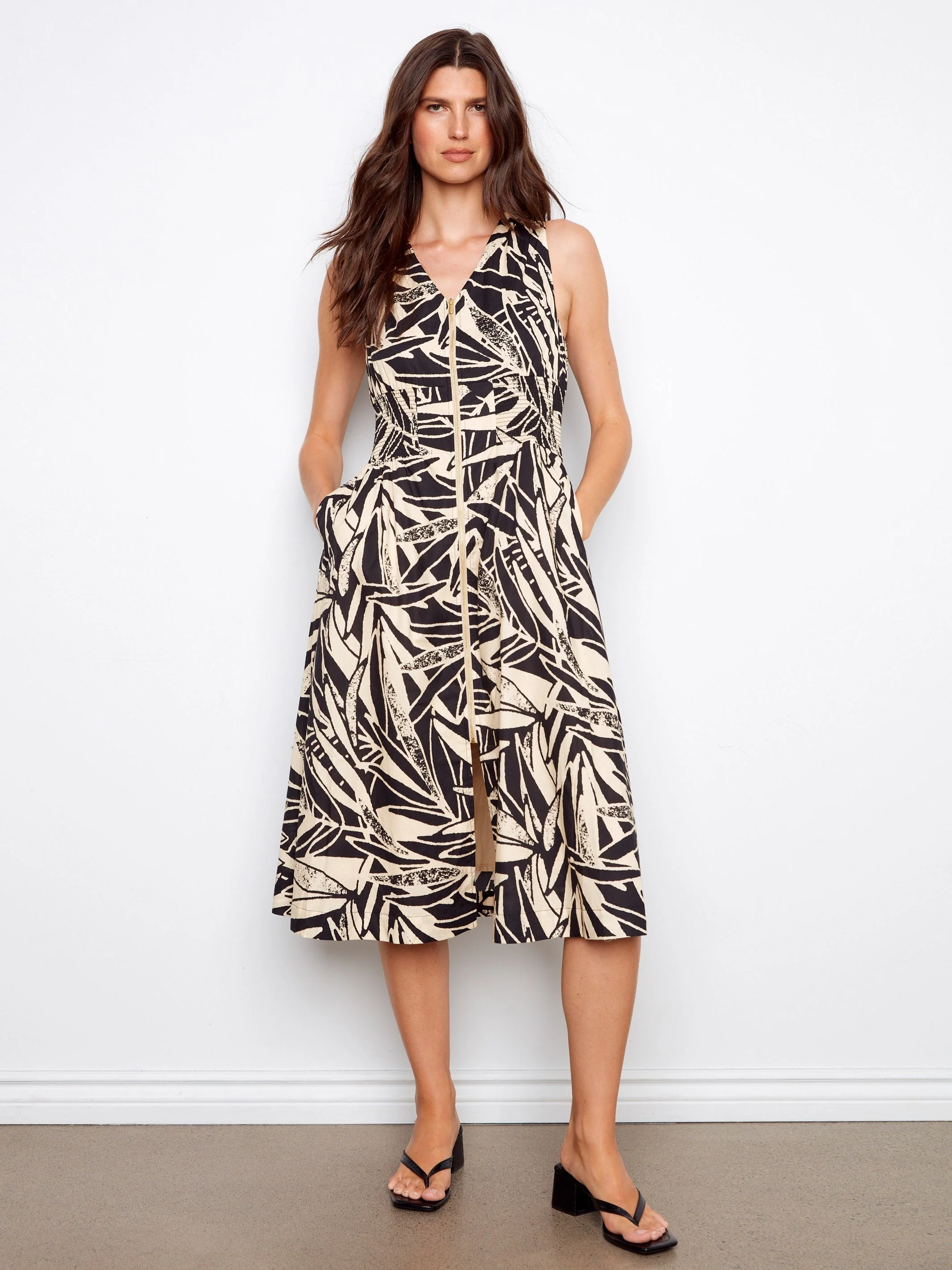 Printed Cotton Voile Front-Zip Midi Dress - Voile Abstract Print