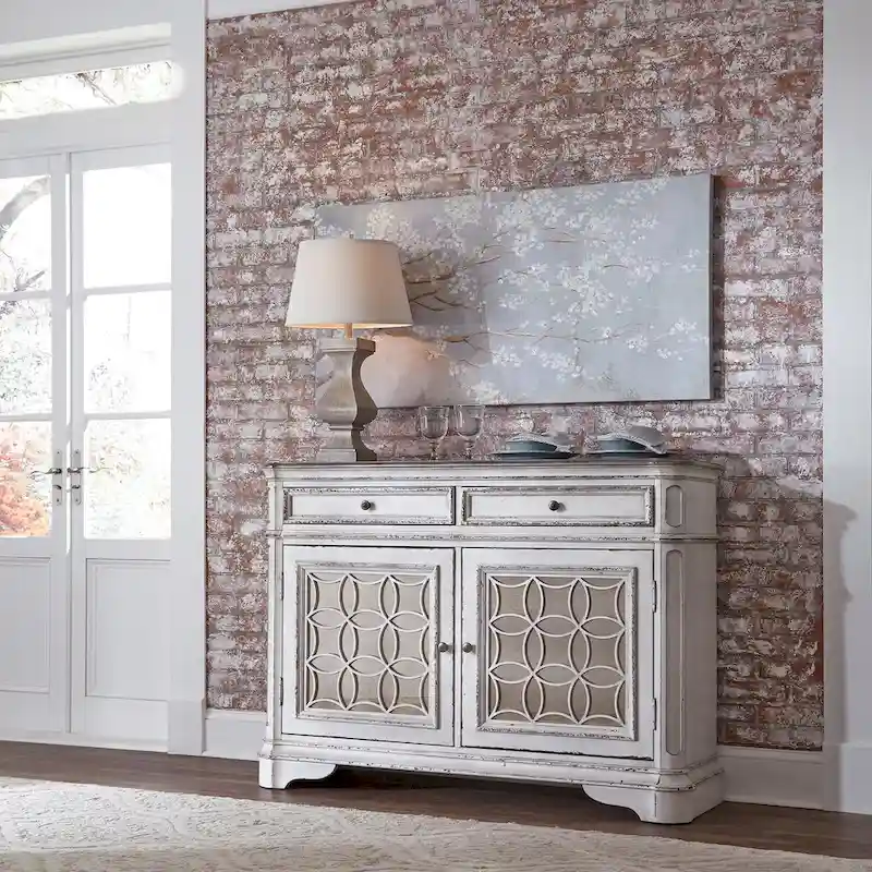 Wood Buffet Cabinet with Mirrored Doors and Drawer Storage