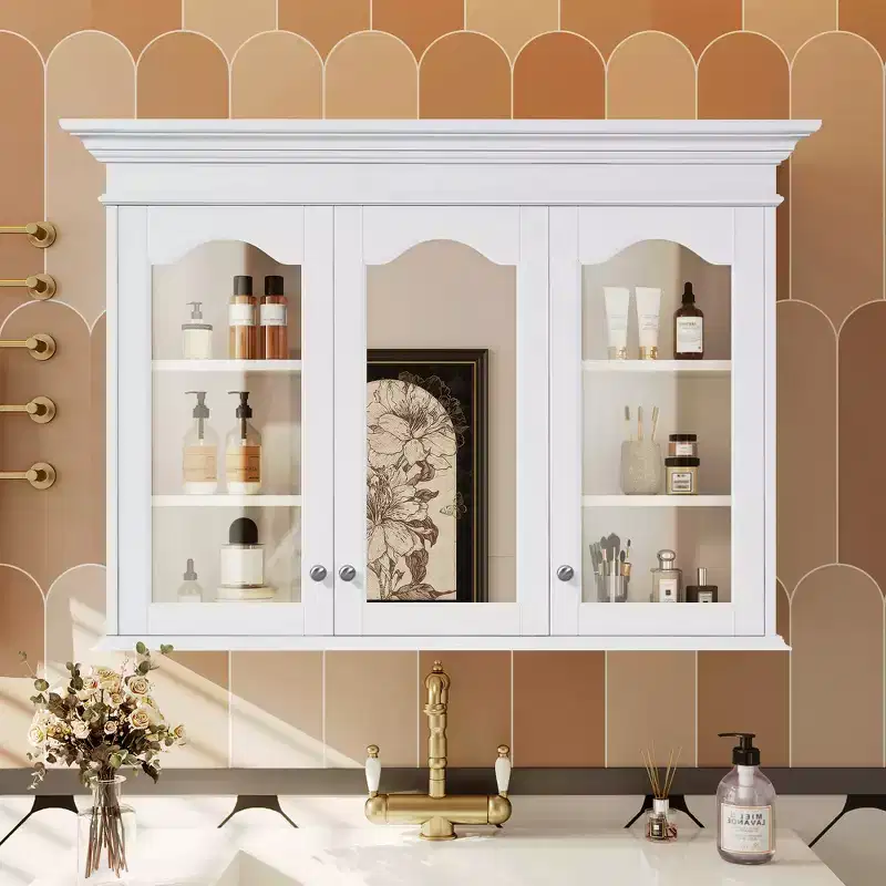 40 Medicine Cabinet with Mirror Doors and Shelves, Glass Door Wall Mounted Bathroom Cabinet