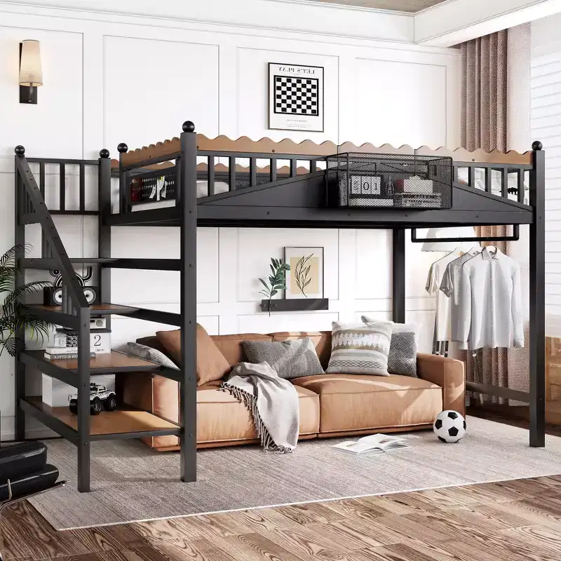 ModernLuxe Twin XL/Full/Queen Size Metal Loft Bed with Storage Stairs & Shelves, Heavy-Duty Loft Bed Frame, Black