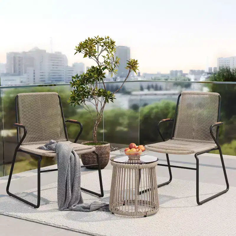 Christopher Knight Home Bobby 3 Piece Outdoor Rope Weave, Tempered Glass and Metal Seating Set