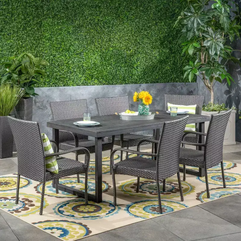 Mayhill 7pc Acacia Wood and Wicker Dining Set: Weather-Resistant, 6 Arm Chairs - Christopher Knight Home