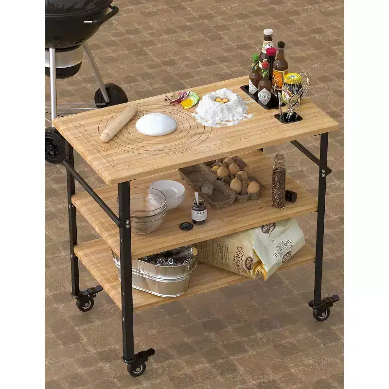 Pizza Oven Table 33x20x35.5, Outdoor Grill Table on 4 Wheels, Three-Shelf Bamboo Cart for Food Prep, BBQ Dining, Wood Color