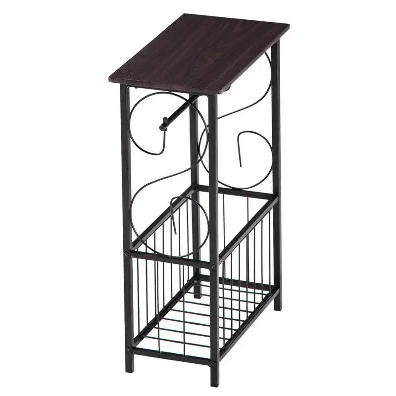 Disassembled and Assembled Dark Coffee-colored Density Board Tabletop, Black Powder-coated Iron Frame, Rectangular Side Table