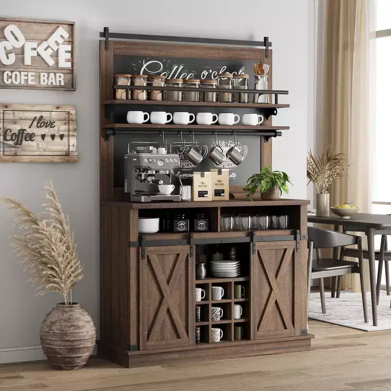 75-inch Farmhouse Coffee Bar Cabinet - Tall Buffet Hutch with Sliding Barn Door, Storage Sideboard for Dining Room & Kitchen