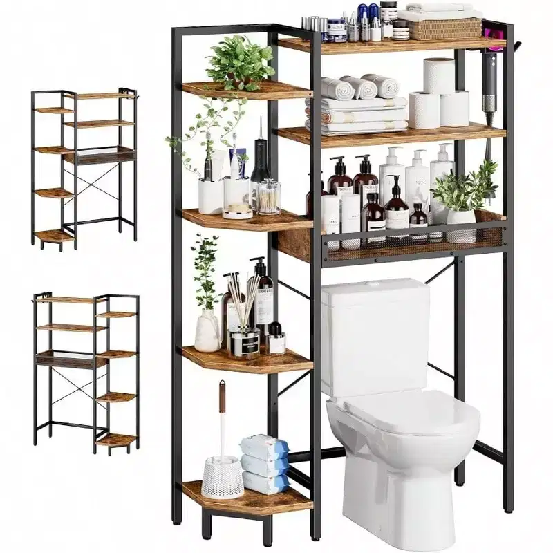 K1 Heavy Duty Tier Over Toilet Storage with Basket and Paper Hook Freestanding Above Toilet Shelf Adjustable Feet Rustic Brown