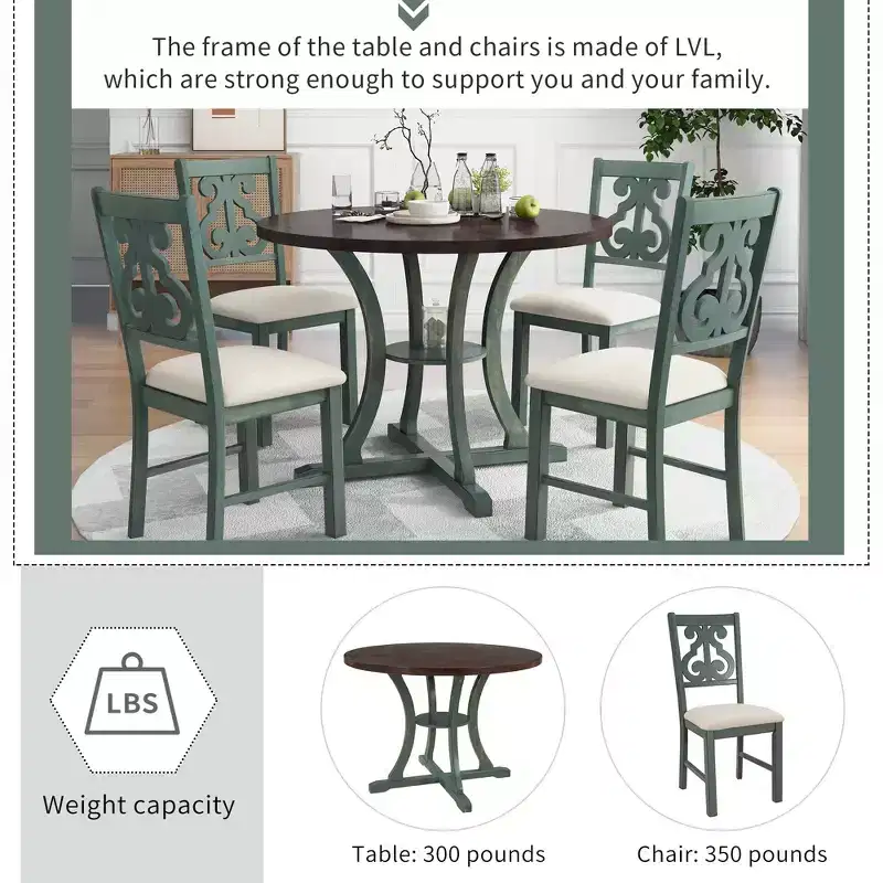 Whisen 5-Piece Retro Round Dining Table Set with 4 Chair and Special-shaped Legs