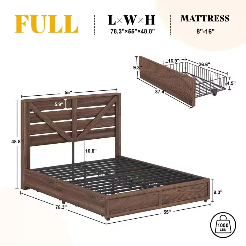 Farmhouse Bed Frame with 4 Drawers and Headboard
