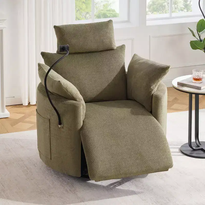 Chenille Recliner Chair, 360 Swivel Armchair with Adjustable Backrest & Footrest, Rocking Chair with Phone Holder, Side Pockets - ModernLuxe