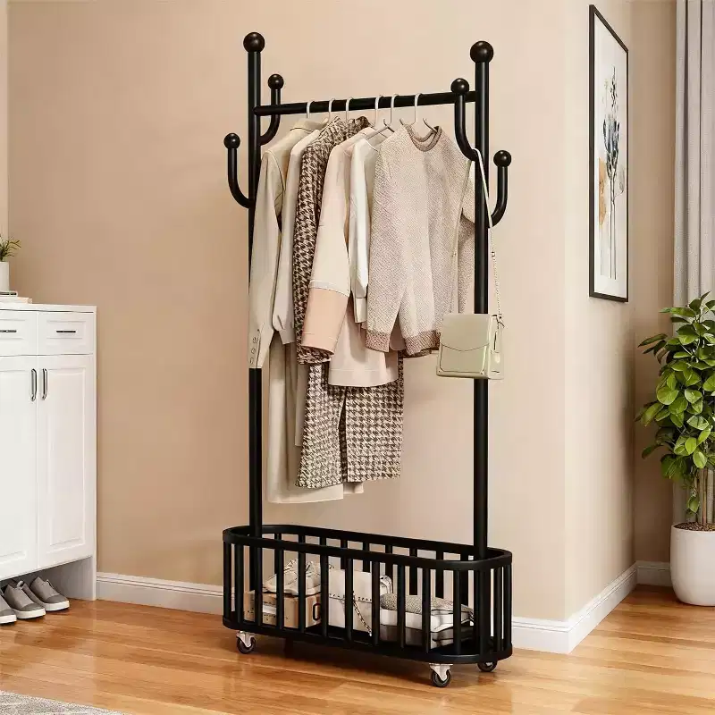 Hall Tree Coat Tree Hanging Rack, Shoe Rack Organizer,Metal Laundry Hamper Clothes Storage Organizer with Lockable Wheels