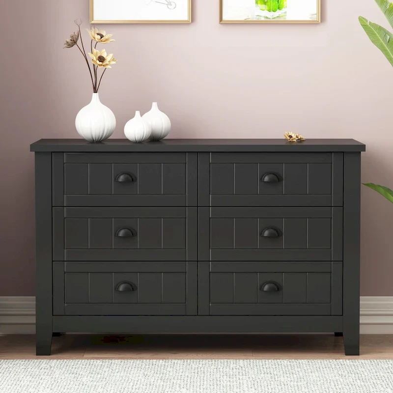 Modern Black Storage Solid Wood Retro Shell Handle Side Cabinet