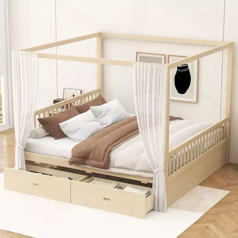 Queen/King Size Platform Bed Frame Wood Canopy Bed with Storage Drawers - ModernLuxe