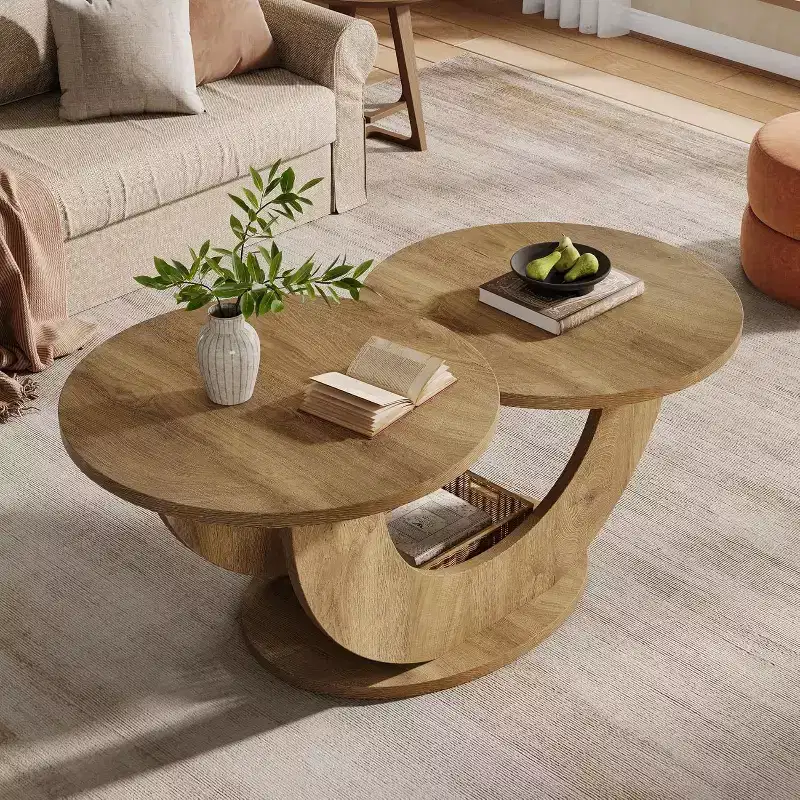 46-inch Round Coffee Table with U-Shaped Frame, Low Accent Center Tea Table for Home or Apartment, Oak