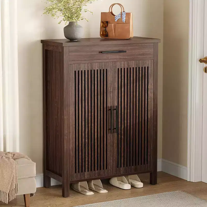 Narrow 6-Tier Wooden Shoe Rack with Drawer, Freestanding Slim Organizer for Entryway or Bedroom, Walnut