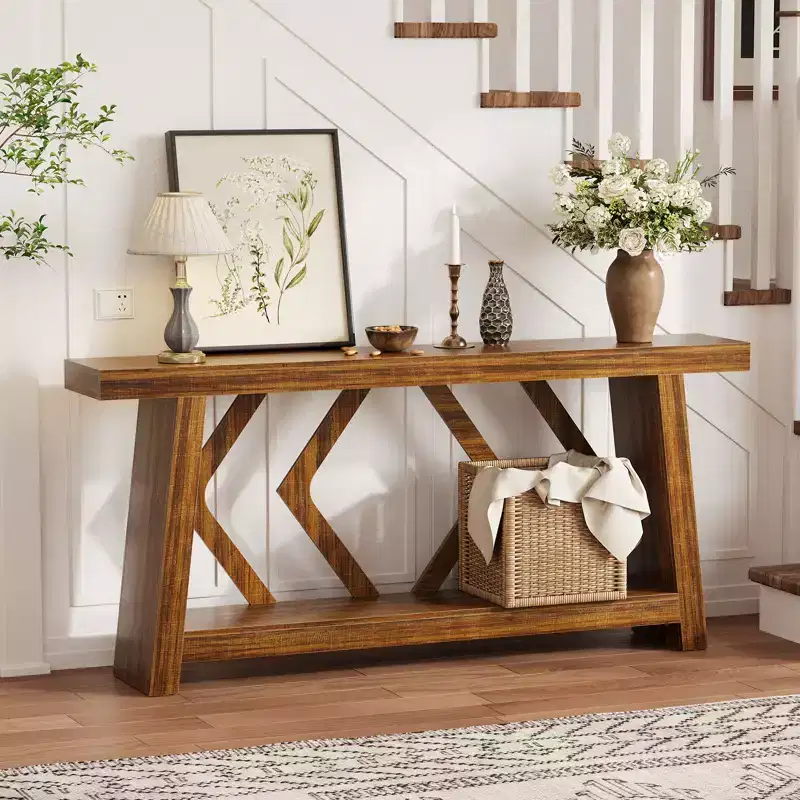70.9 All-Wood Console Table - 2-Tier Narrow Entryway & Hallway Table - Rustic Brown Farmhouse Sofa Table with Trapezoid Legs