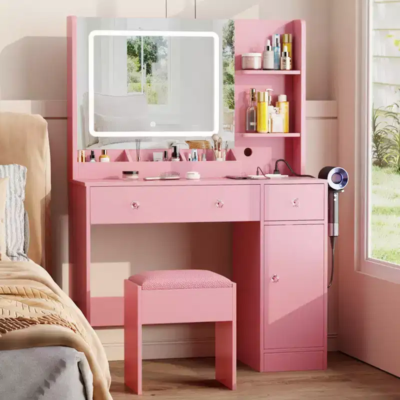 Pink Vanity Desk with LED Mirror, Stool & Power Outlet – Makeup Table with Drawers & Shelves