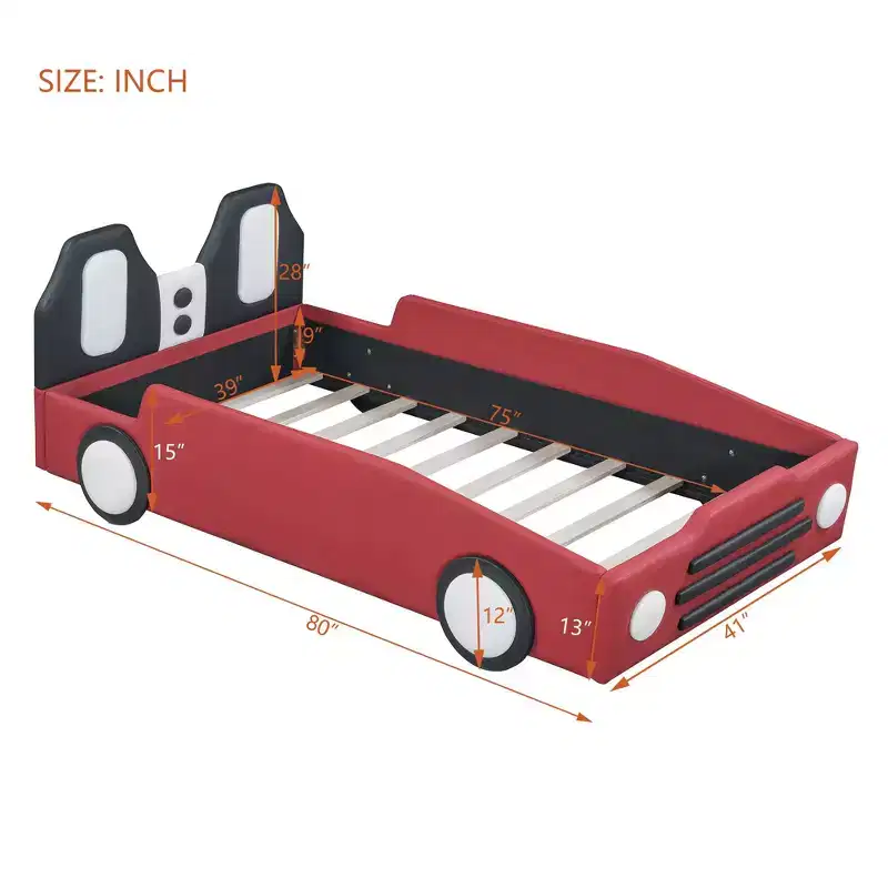 Twin Size Race Car-Shaped Platform Bed with Guardrail for Kids' Room