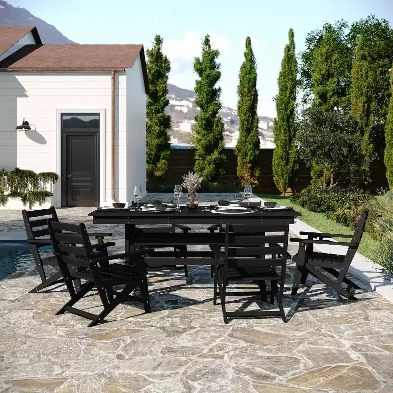 Flash Furniture Tolleson Commercial 7 Piece Adirondack Dining Set with 72 Rectangle Indoor/Outdoor Recycled HDPE Table and 6 Chairs with Cupholders