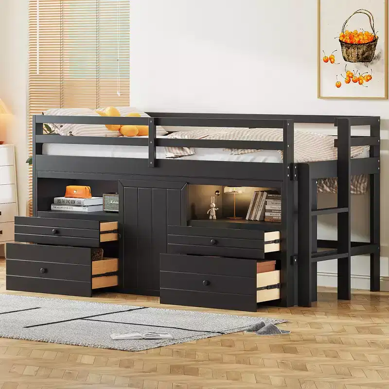 Twin Size Low Loft Bed for Kids, Wood Twin Loft Bed with Storage Drawers, Underneath Cabinet and Shelves