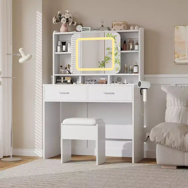 GustoWave Vanity Desk with Sliding Mirror, Makeup Desk and Stool with Lights in 3 Colors, Girls Vanity Table with Charging Station