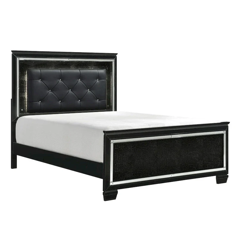 Black LED Faux Leather Tufted Bed with Mirrored Headboard & Crystal Accents