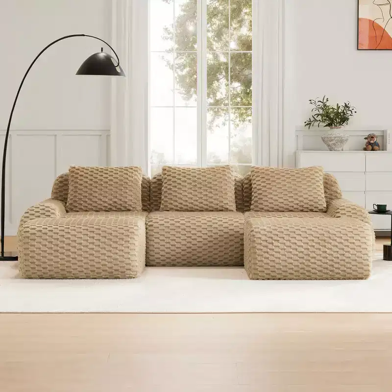 114 U-Shaped Modular Sofa Flannelette 3-Seater Ottoman Buckle No Assembly Light Camel