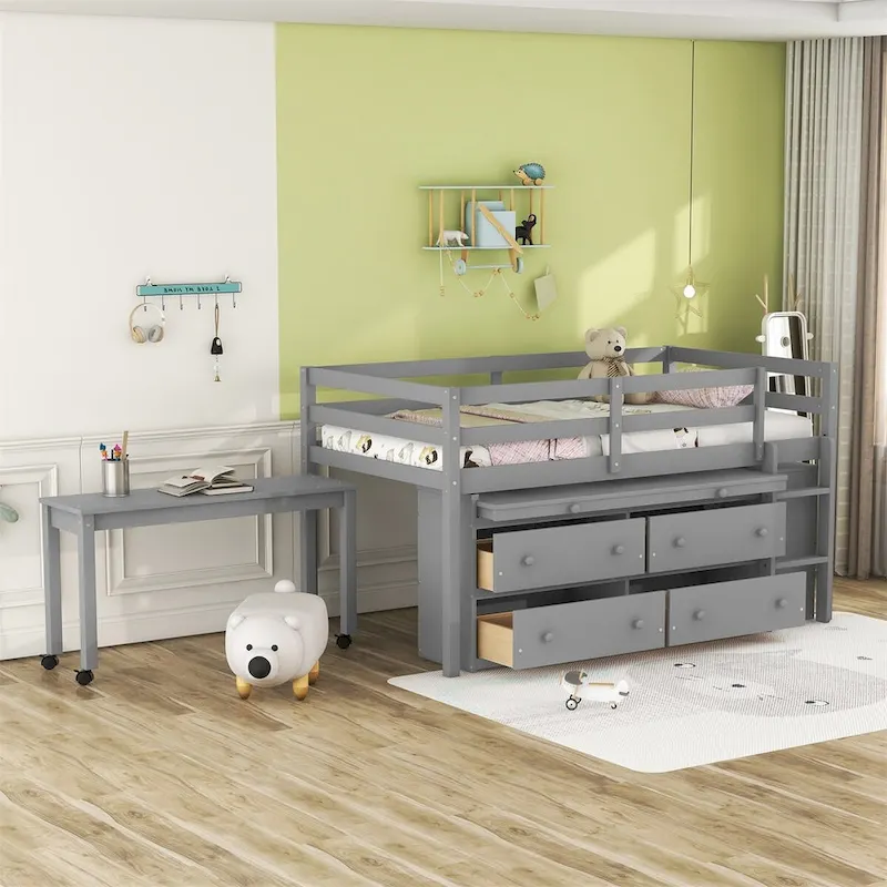 Loft Bed with Retractable Writing Desk and 4 Drawers
