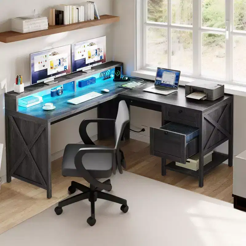 60Inch L Shaped Desk With Charging Station And File Drawer Modern Wood Computer Desk Game Desk Furniture For Home