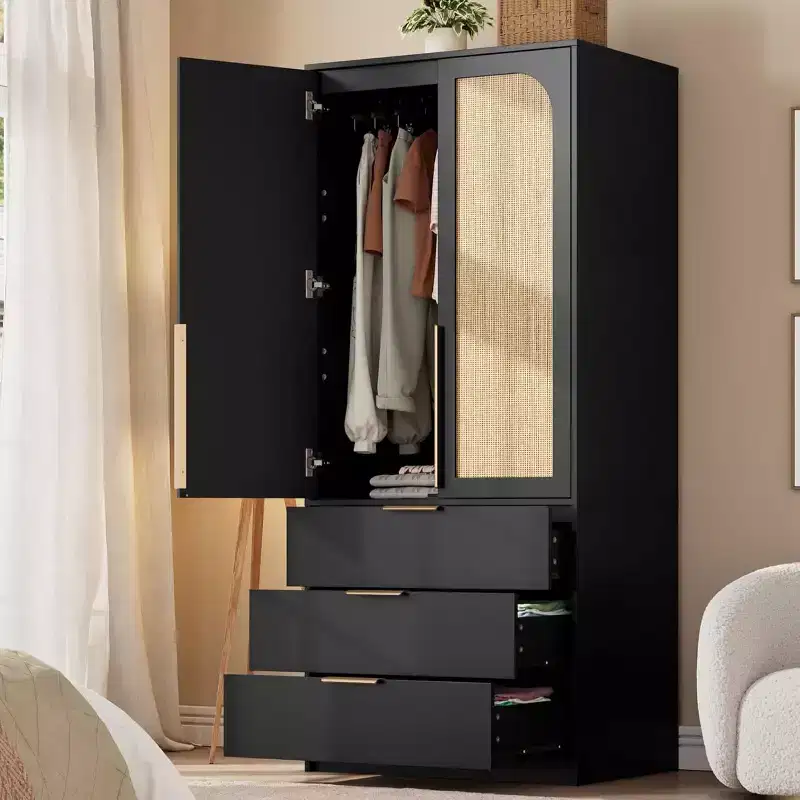 Wardrobe Cabinet With 3 Drawers, Hanging Rod, And Two Doors