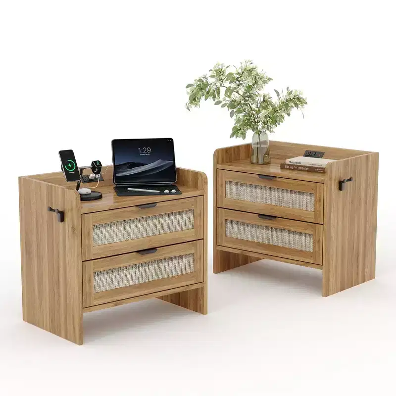 GustoWave Rattan Nightstand Set of 2, Bedside Table,2 Rattan Drawer Storage Space, End Table, Side Tables, Suitable for Bedroom, Office