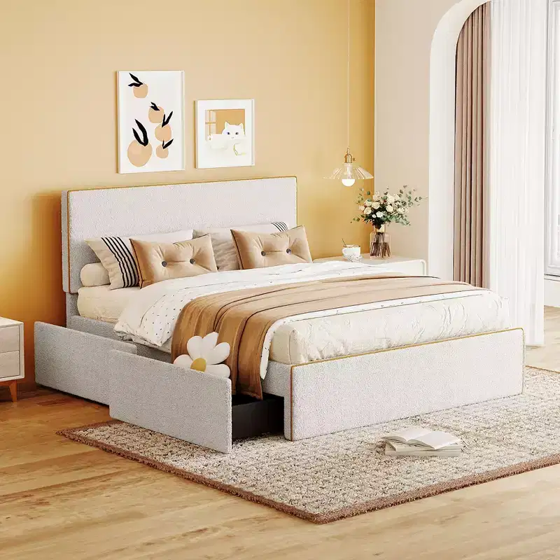 Full/Queen Platform Bed Frame with 4 Drawers No Box Spring Needed Upholstered Bed with Gold Decoration Headboard & Footboard Easy to Assemble