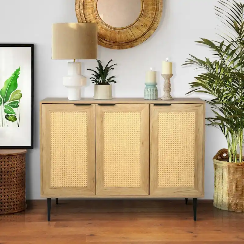 47.24  Wooden Storage Cabinet with 3 Rattan Doors and 3 Shelves