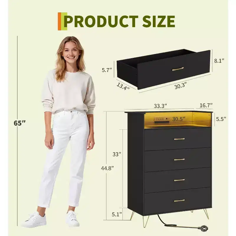 4-Drawer Dresser with Charging Station and App-Controlled Lighting