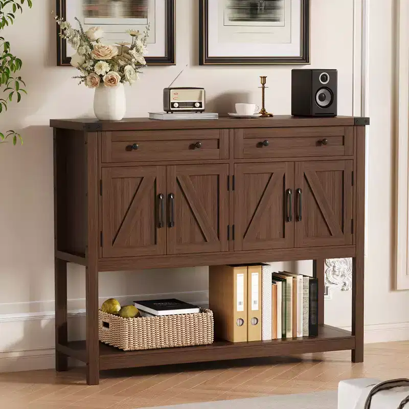 47.2 Farmhouse Console Table, with 2 Drawers, 4-Door and Open Shelf, Coffee Bar Cabinet, Narrow Buffet Sideboard for Kitchen, Hallway, Living Room
