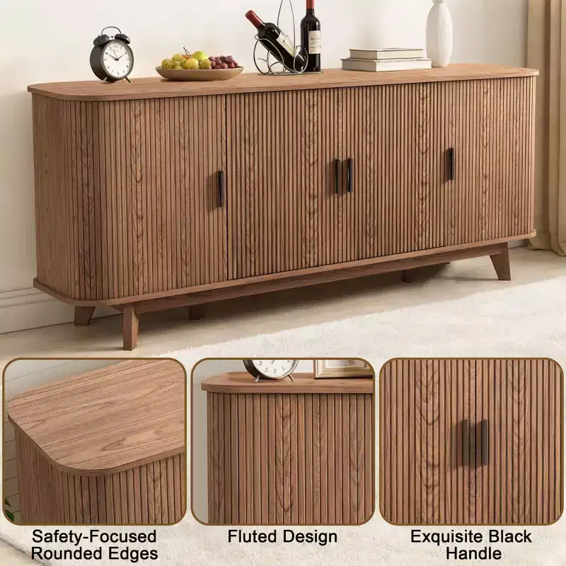 Dyonery 69 Modern Fluted Sideboard Buffet Cabinet - 4-Door Storage with Adjustable Shelves, Stylish Credenza for Dining Room