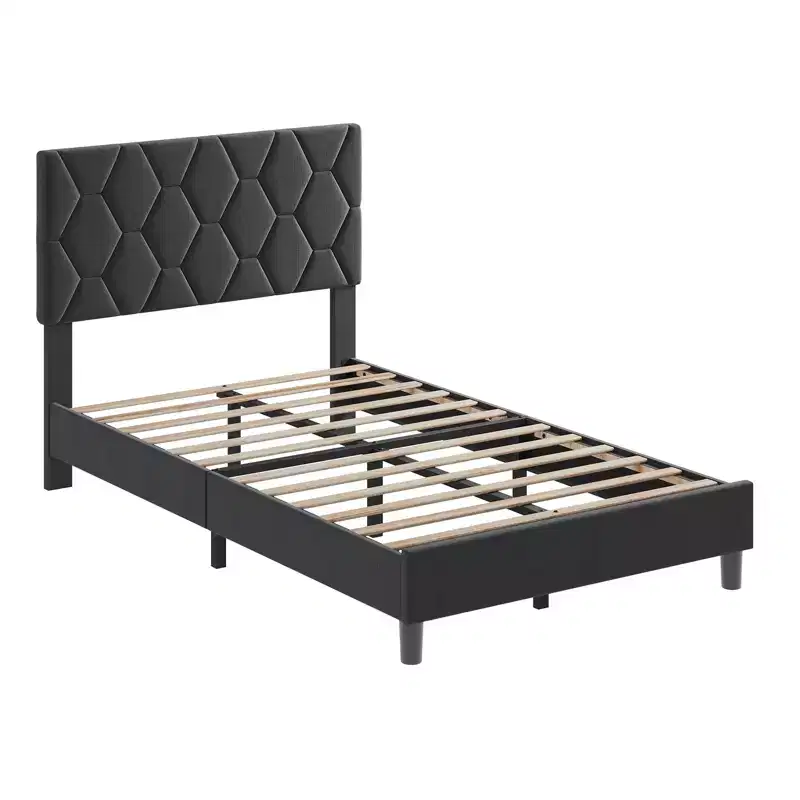 Twin XL Platform Bed Frame with Adjustable Upholstered Headboard, Grey