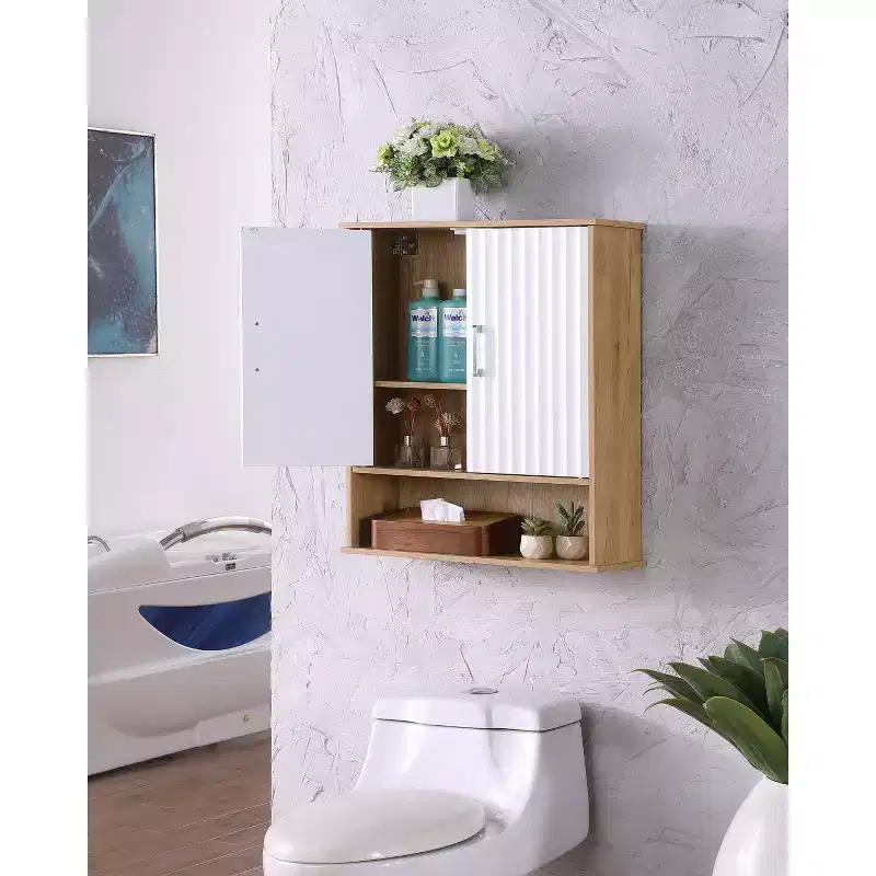 Fluted Bathroom Wall Cabinet with 2 Door & Adjustable Shelf Modern Medicine Cabinet 3-Tier Kitchen Wall Cabinets Wall Storage Cabinet Over The Toilet
