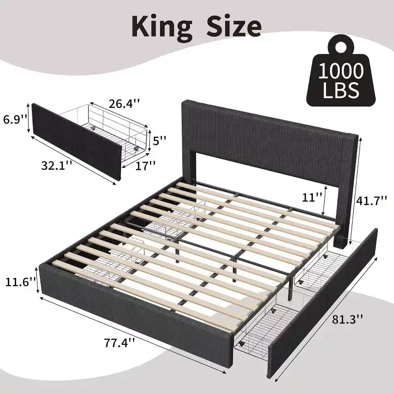 Acekool Upholstered Bed Frame with Corduroy Wingback Headboard, 4 Storage Drawers, Platform Slat Support, No Box Spring Needed