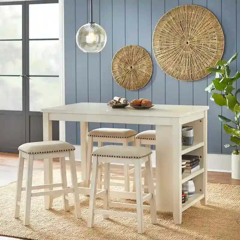 Counter-Height Dining Table with 3 Open Storage Shelves – Antique White / Sage Green / Grey, 2-Person Use