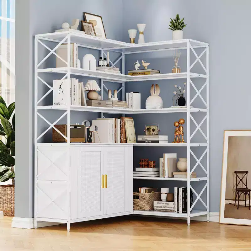 Farmhouse Corner Bookshelf,6-Tier L-Shaped Storage Shelf with Cabinet