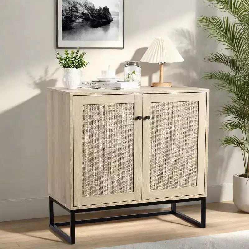 Boho Rattan Sideboard Buffet Cabinet with Storage, Entryway Accent Table and Kitchen Cupboard, Stylish Organizer for Living Room, Hallway