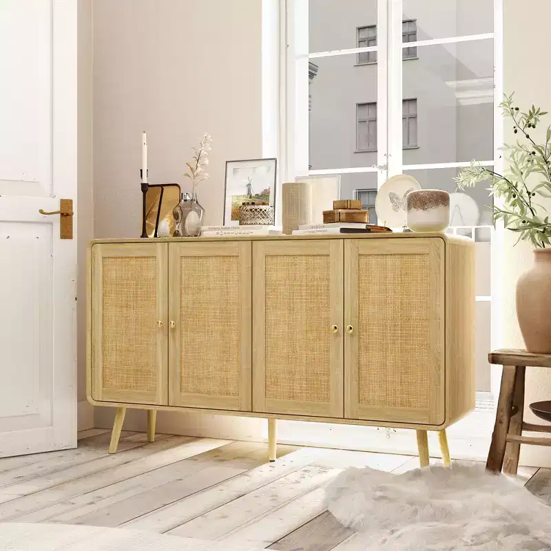 Boho Storage Cabinet with Rattan Woven Doors and Gold Handles - Versatile for Bedroom, Study, Restaurant & Living Room