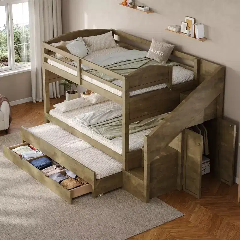 Whisen Twin XL Bunk Bed Frame with Trundle, Bunk Bed with Storage, Bunk Bed with Solid Wood, Storage Staircase, Wardrobe, 3Drawer, for Kids