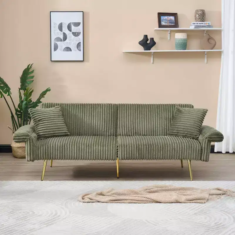 Corduroy Foldable Double Sofa Bed with Folding Armrests, Suitable for Living Room and Small Spaces, Green